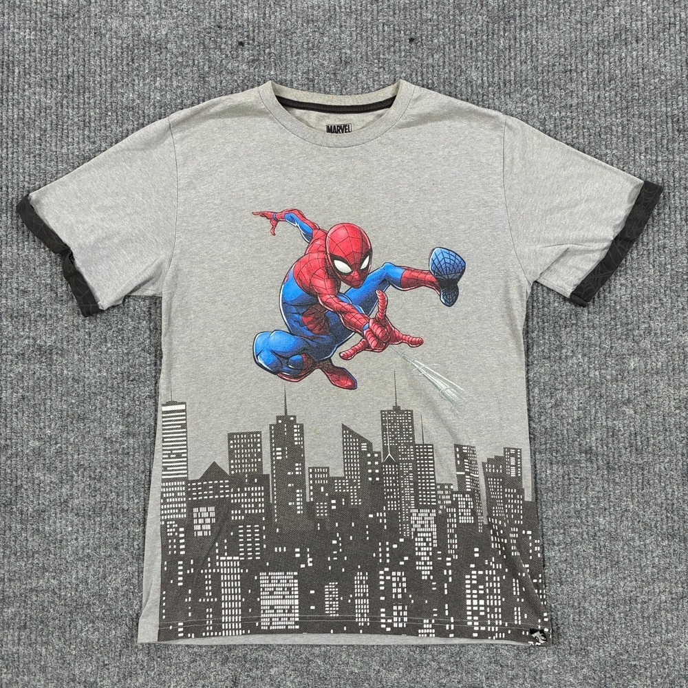 Marvel Spider Man T Shirt Youth XL 18/20 Gray Graphic Cityscape Superhero Tee